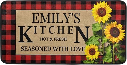 Alfombras de cocina personalizadas a cuadros negros y rojos, antideslizantes, con diseño de girasol, acolchadas, alfombras y alfombras de cocina