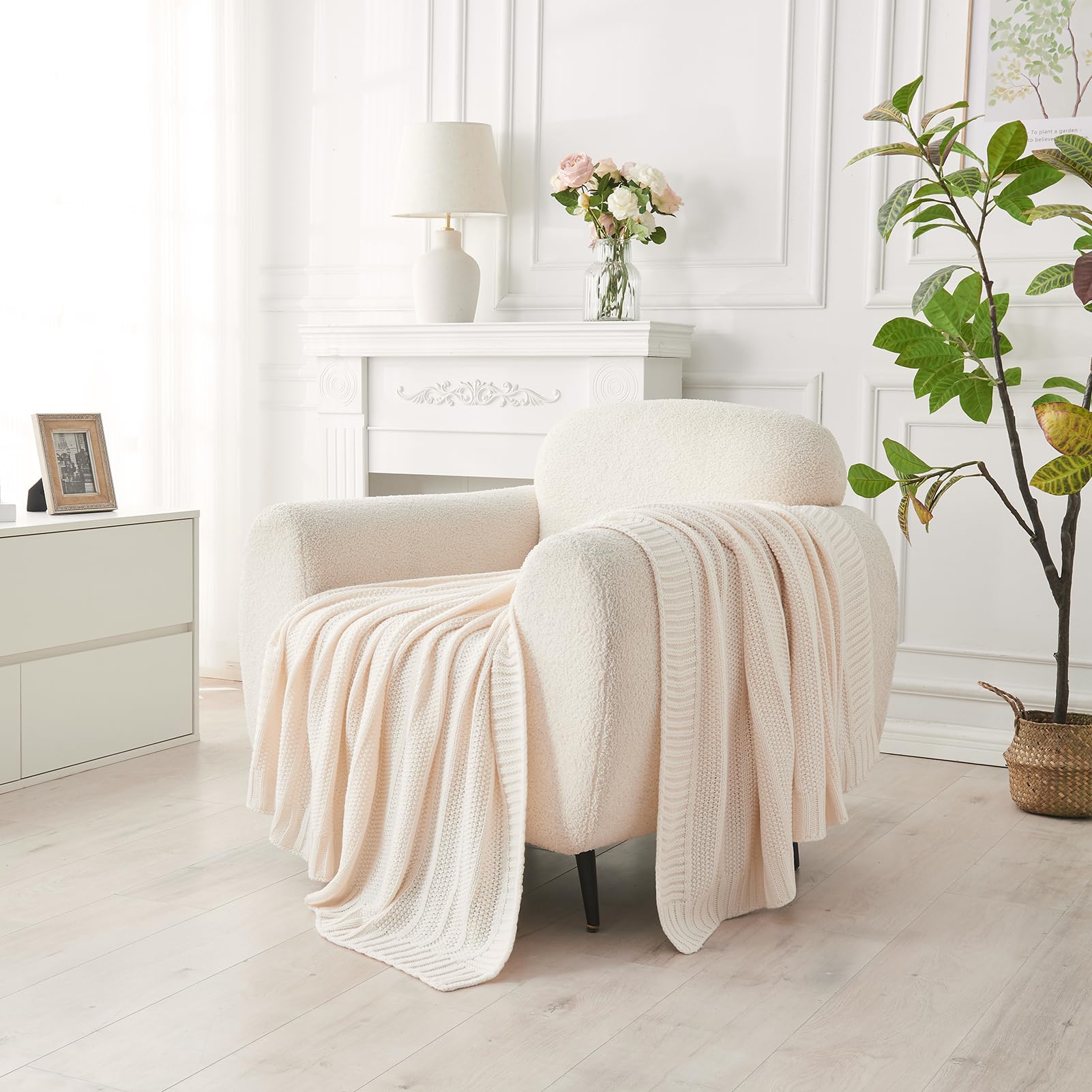 Manta de punto color crema para sofá, suave, acogedora, ligera, con patrón de rayas, para sofá, sala de estar, 50 x 60 pulgadas 2