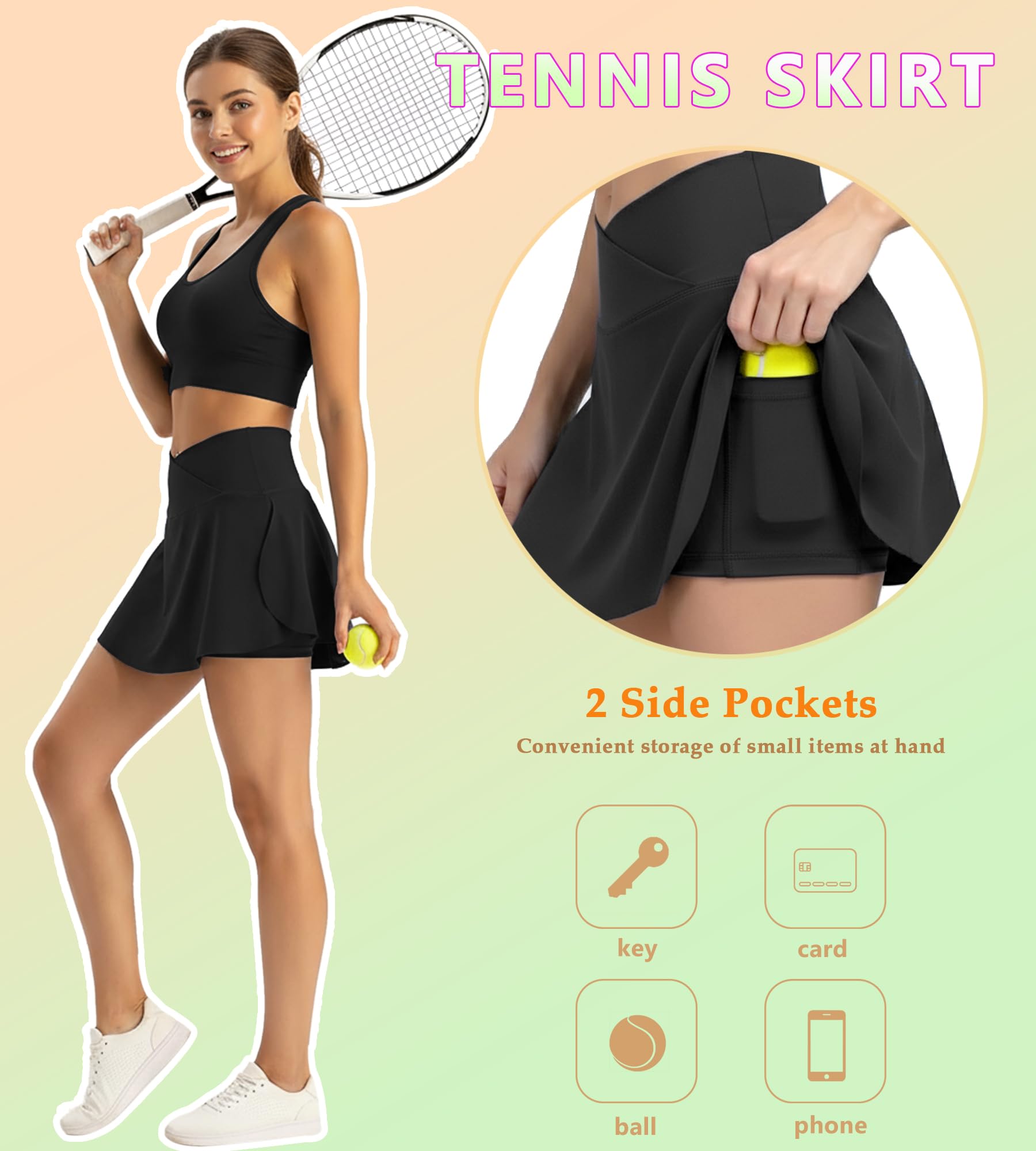 Faldas de Tenis para Mujer Cintura en V Falda Deportiva con Bolsillos Mini Falda Pantalón de Golf Plisada Mini Skirt para Correr Fitness Yoga Ciclismo Senderismo - 4