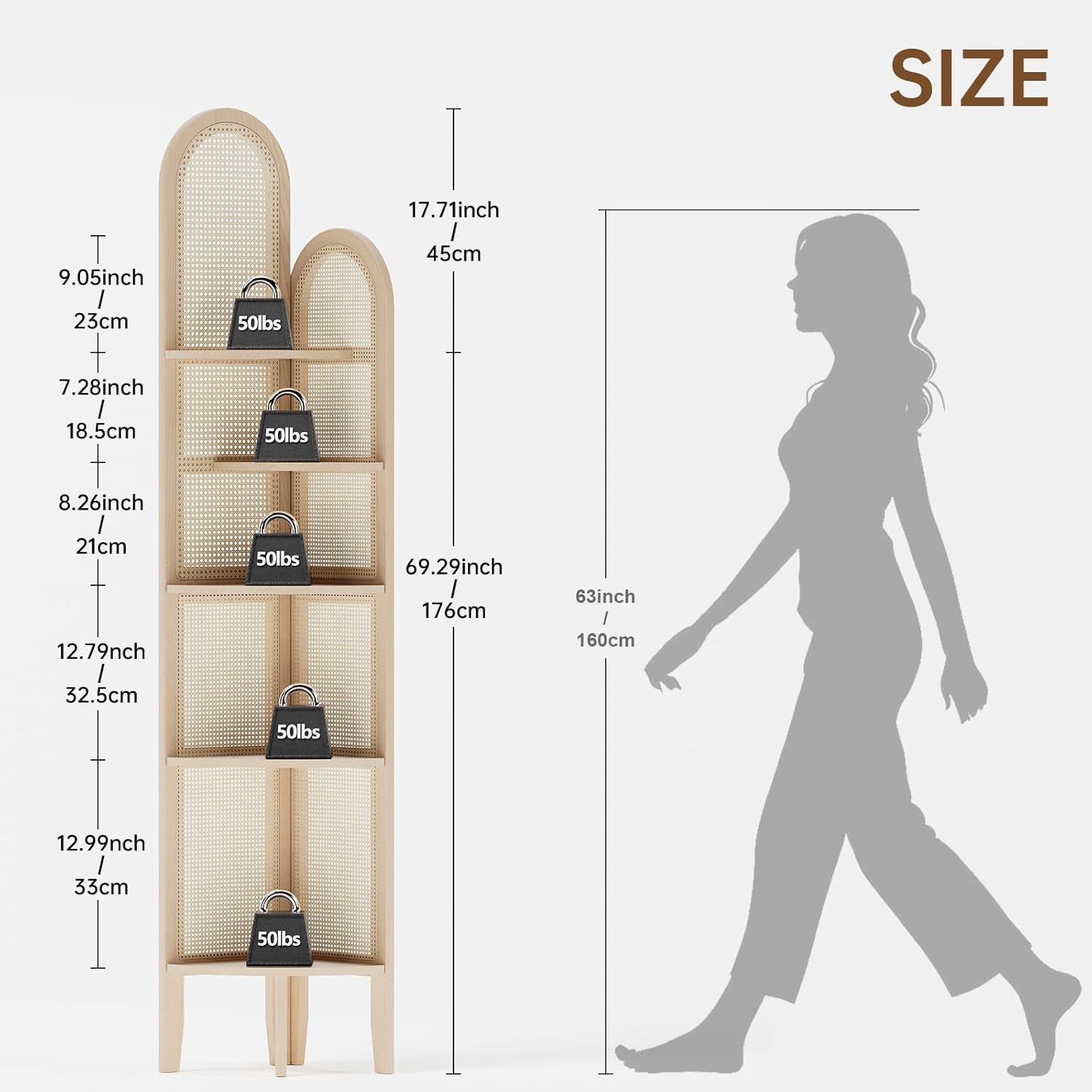 5-Tier Solid Wood Rattan Corner Shelf, Boho Chic Arc Design for Display & Storage, Perfect for Living Room, Bedroom, Bathroom, Natural Brown, 69.29 Inch Tall