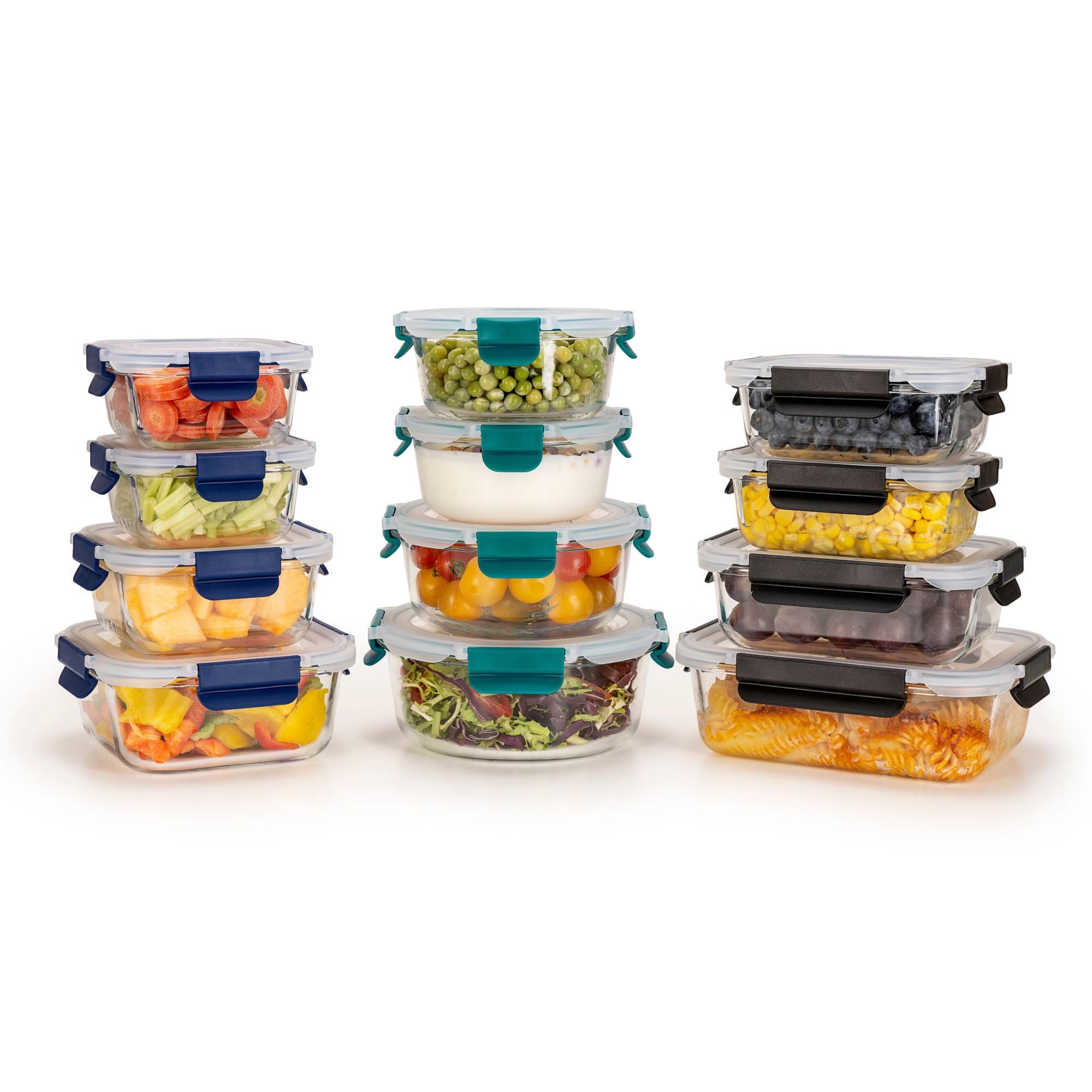 HOUSZYGlass Food Containers with Lids – 12 Pack – Borosilicate Glass Meal Prep Set – Airtight, Leakproof, Microwave & Freezer Safe – 3 Shapes, 4 Sizes Each (Black, Blue & Green Lids)