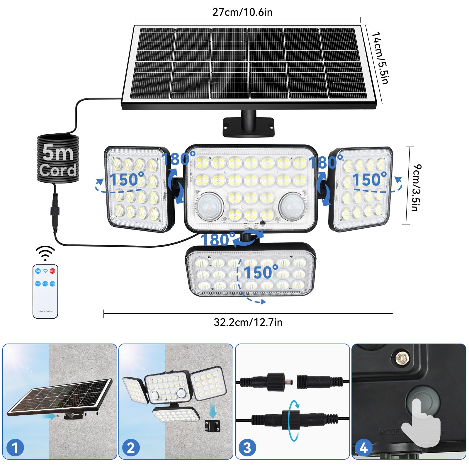 Luci solari da giardino, 292 LED, luci di sicurezza a energia solare, sensore di movimento per esterni, 3 teste regolabili, angolo di illuminazione a 270°, impermeabile IP65, lampada da parete ad
