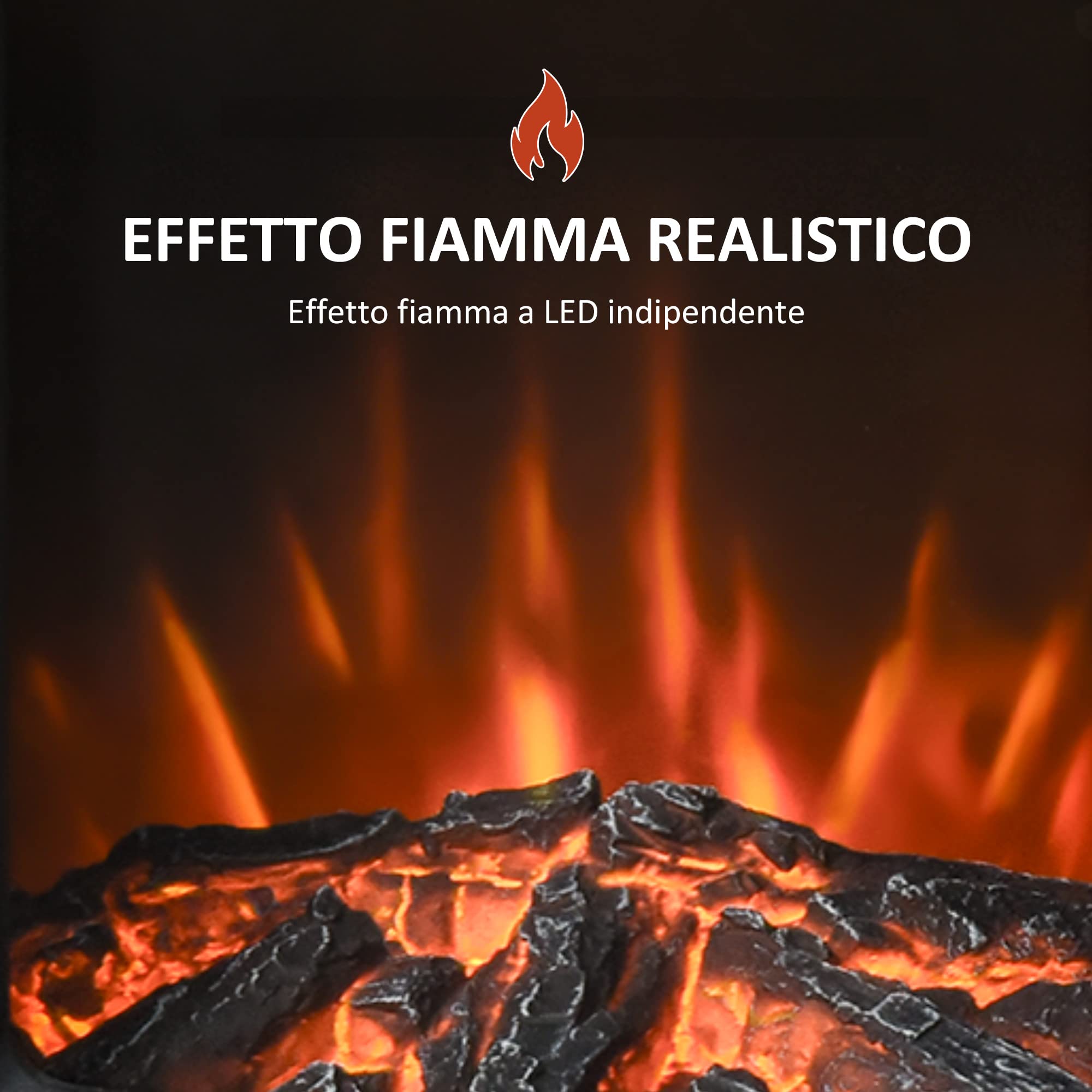 HOMCOM Camino Elettrico con Fiamma Realistica, Portalegna, 20-25㎡, Nero | Caminetto Elettrico, Protezione da Surriscaldamento, Termostato, Temperatura Regolabile, Acciaio, Vetro Temperato