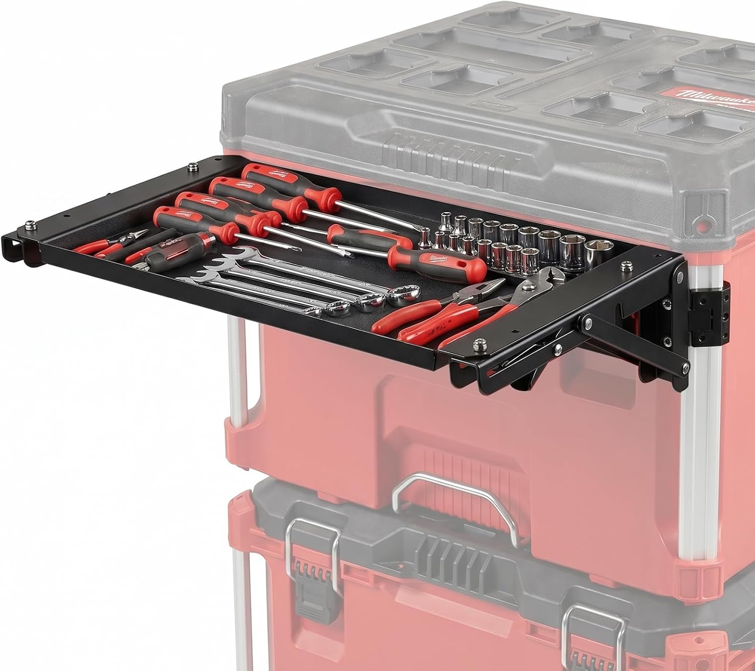 Folding Magnetic Side Table for Milwaukee Tool Box, Heavy Duty Magnetic Tray with Rail Clips, Rubber-Coated Work Surface, Accessory Pack Included, No Drilling Required