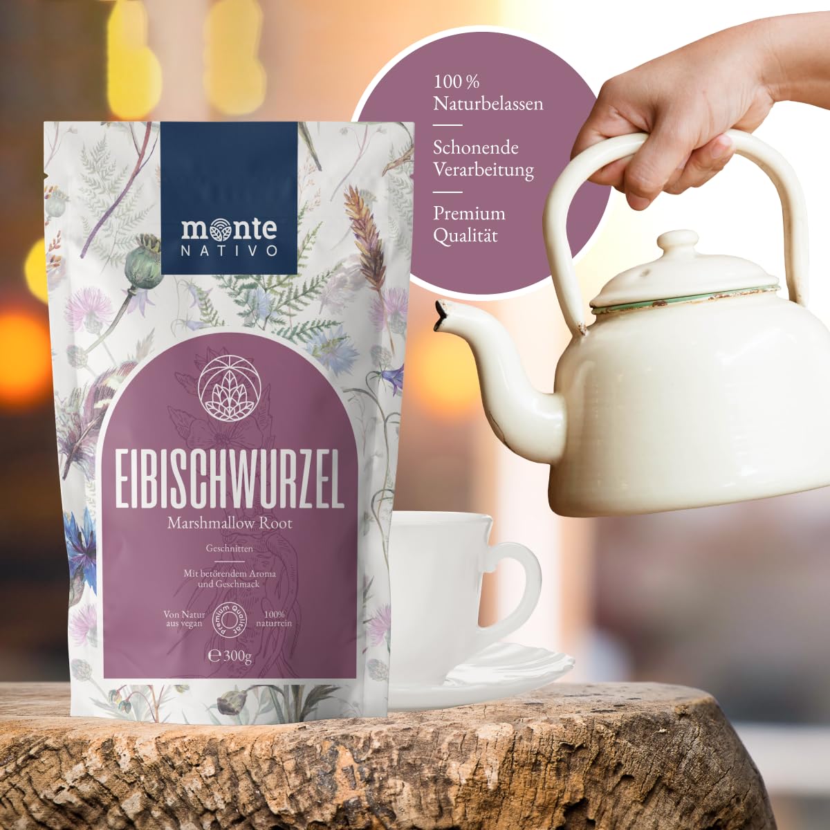 Marshmallow Root Tea Monte Nativo (300 g) – korzeń prawoślazu delikatnie wysuszony – luźna herbata w 100% naturalna i bez dodatków – aromatyczna herbata ziołowa do pysznego naparu