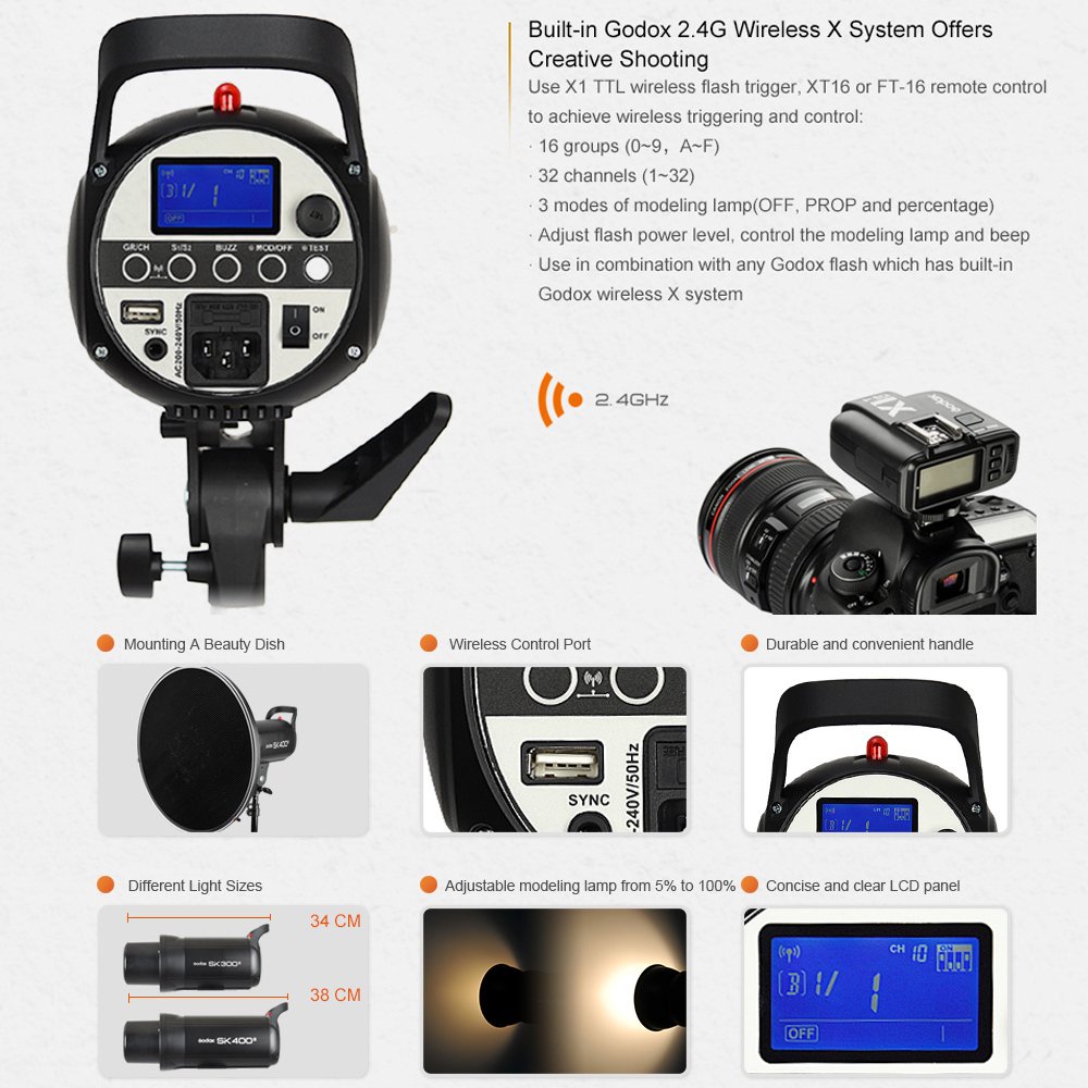Godox SK400II Estudio Compacto Profesional Estroboscópico Flash, 2.4G Inalámbrico X Sistema con 150W Modelado Lámpara para Fotografía, Retrato y Fotografía de Estilo de Vida