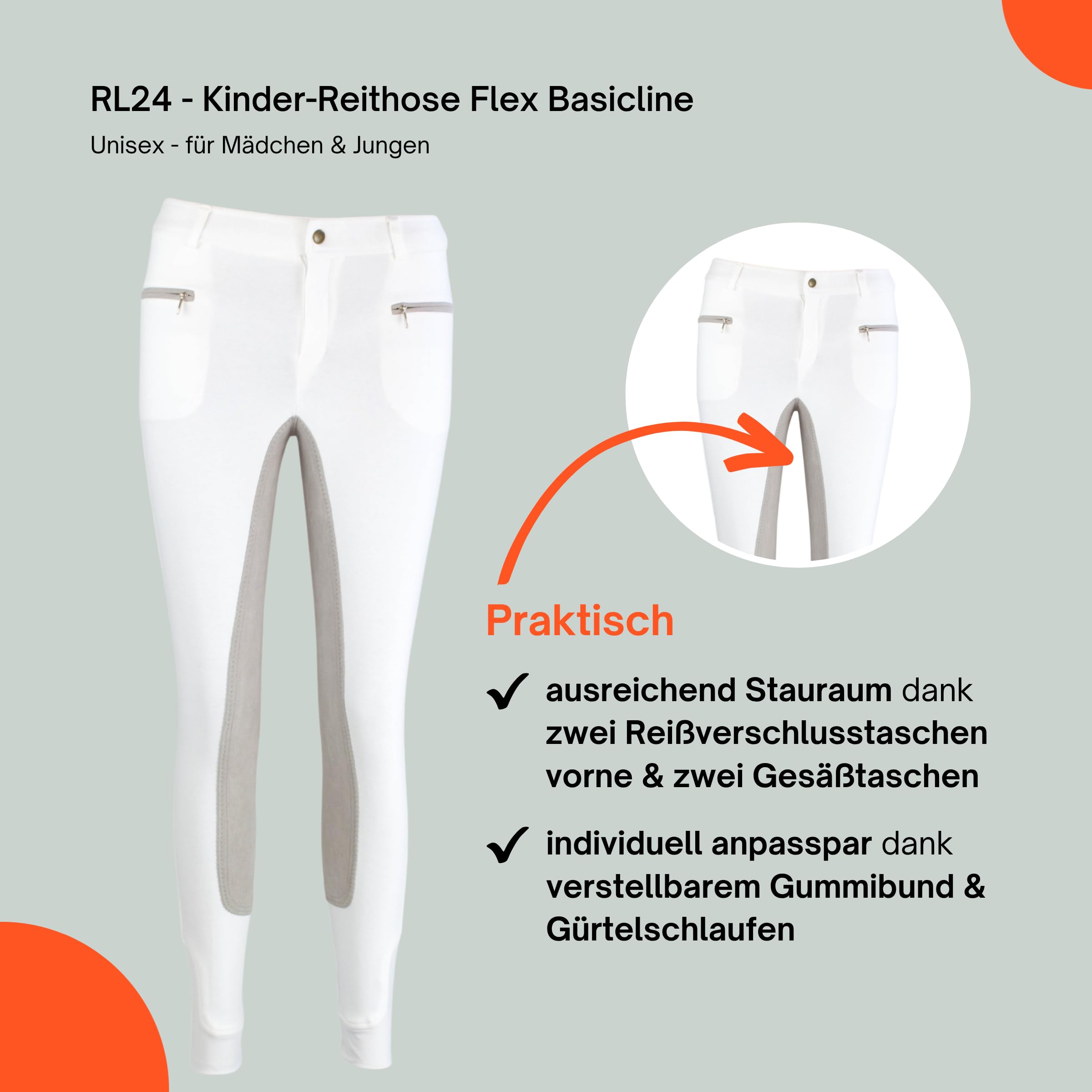 RL24 - Kinder-Reithose Flex Basicline | Reiterhose für Mädchen & Jungen | 3/4 Besatz aus Wildlederimitat | hautfreundlich, atmungsaktiv & elastisch | Unisex Reitleggings in vielen Farben & Größen