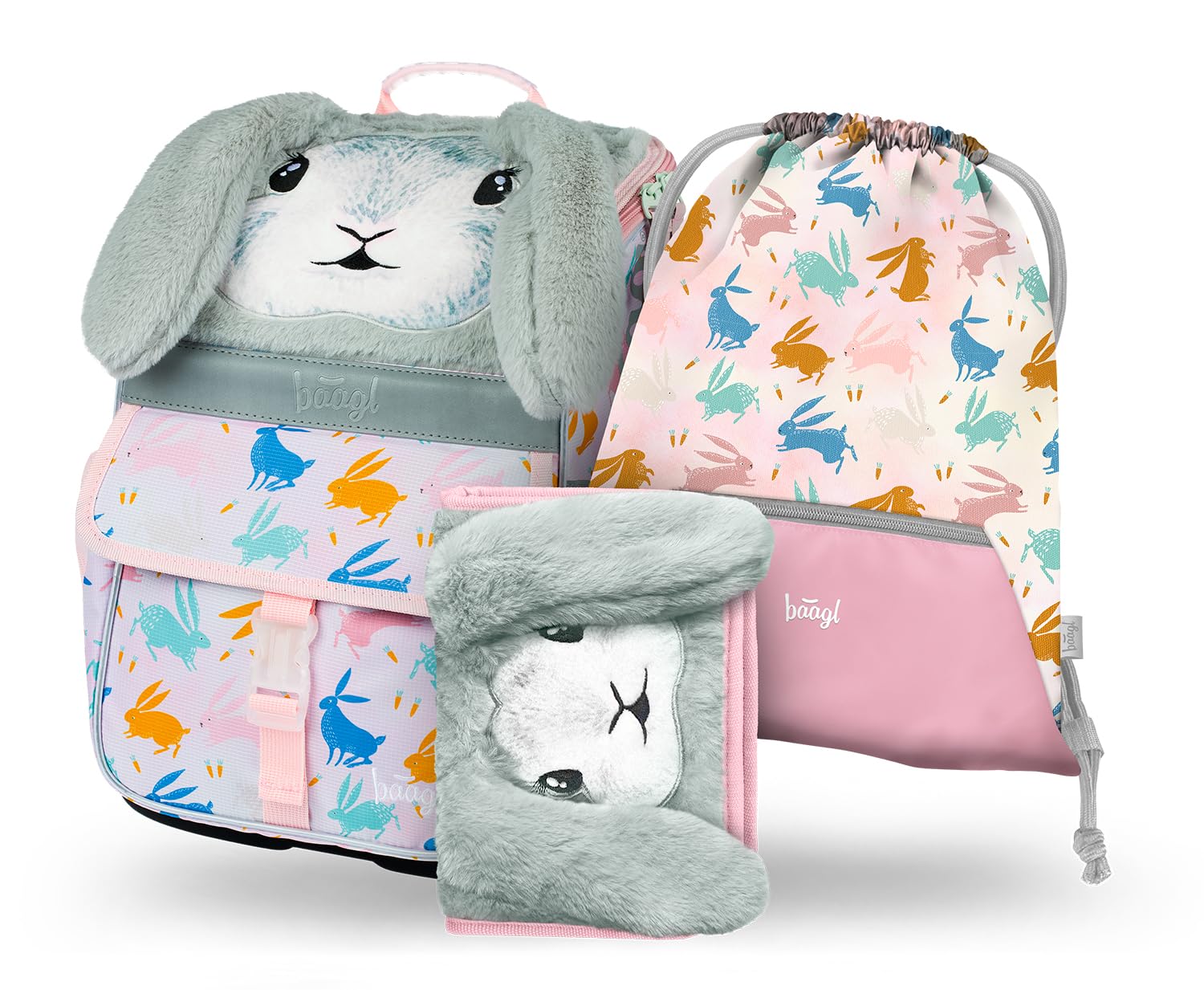 Baagl Mochila escolar para niños y niñas, 3 piezas, mochila escolar Zippy para 1ª clase, mochila escolar primaria con correa para el pecho, mochila escolar ergonómica, Bunny, Juego de mochila escolar