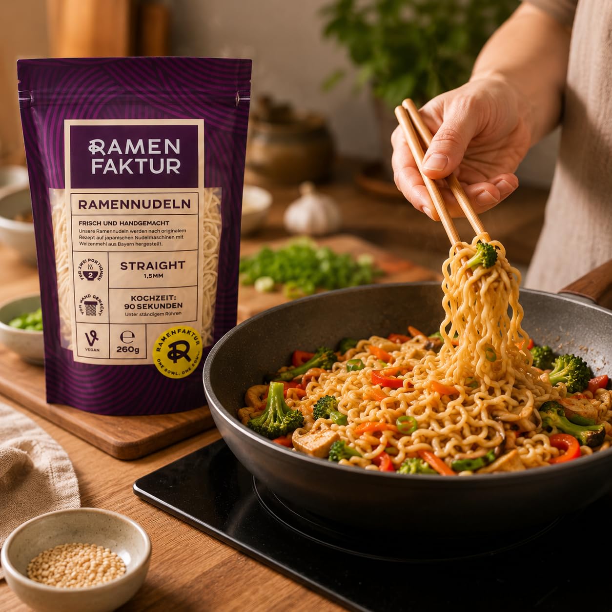 Ramenfaktur Ramen Nudeln Straight - Frische japanische Weizennudeln, handgemacht in Bayern, vegan, für authentische Ramen-Suppen, 12 x 260g Beutel