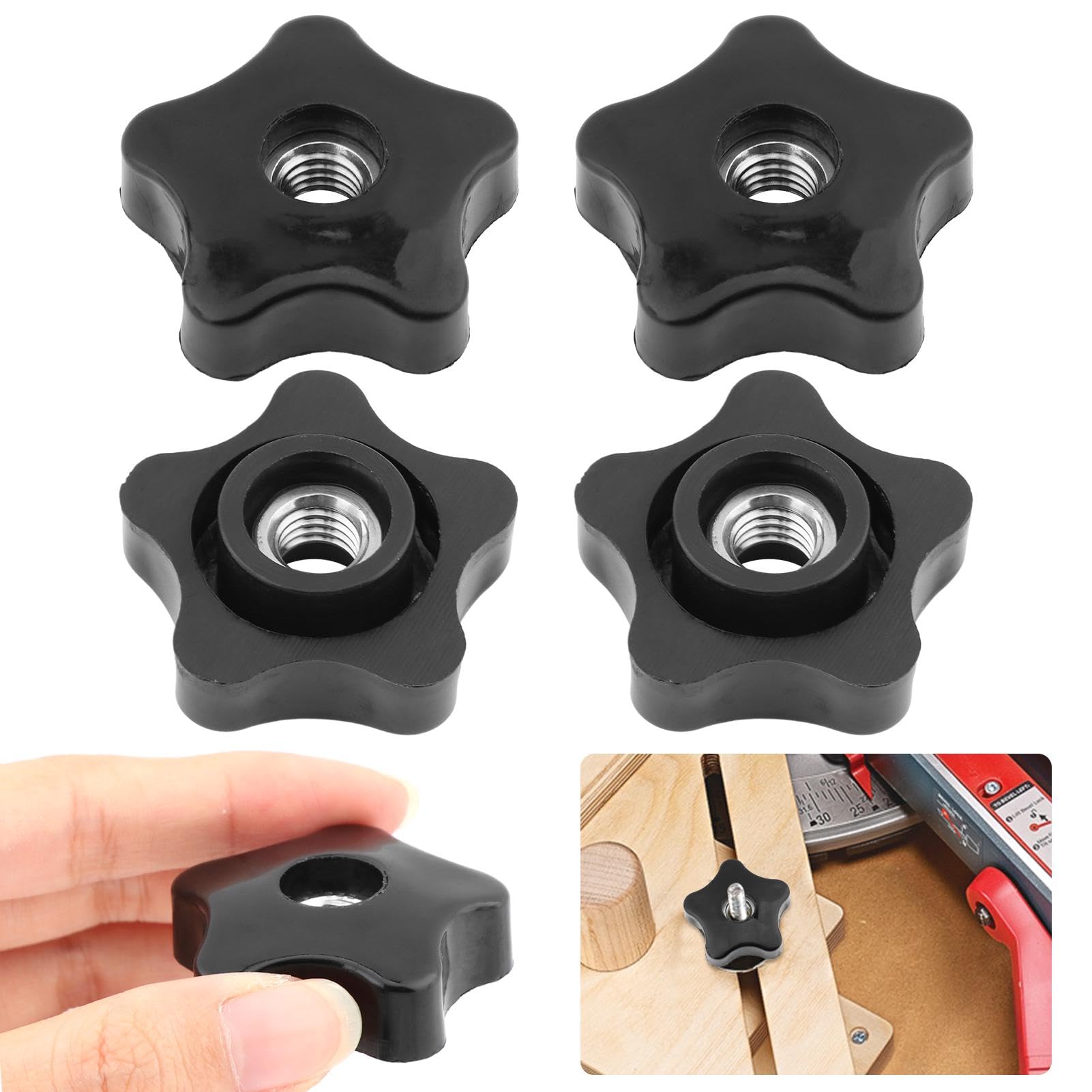 Tトラックノブ 4個 3/8インチ 16貫通穴ノブ 5つ星貫通ノブナット 星型ローレットクランプナット ソーイングマシン ボール盤用 プラスチックねじ込みタイプ (ブラック)