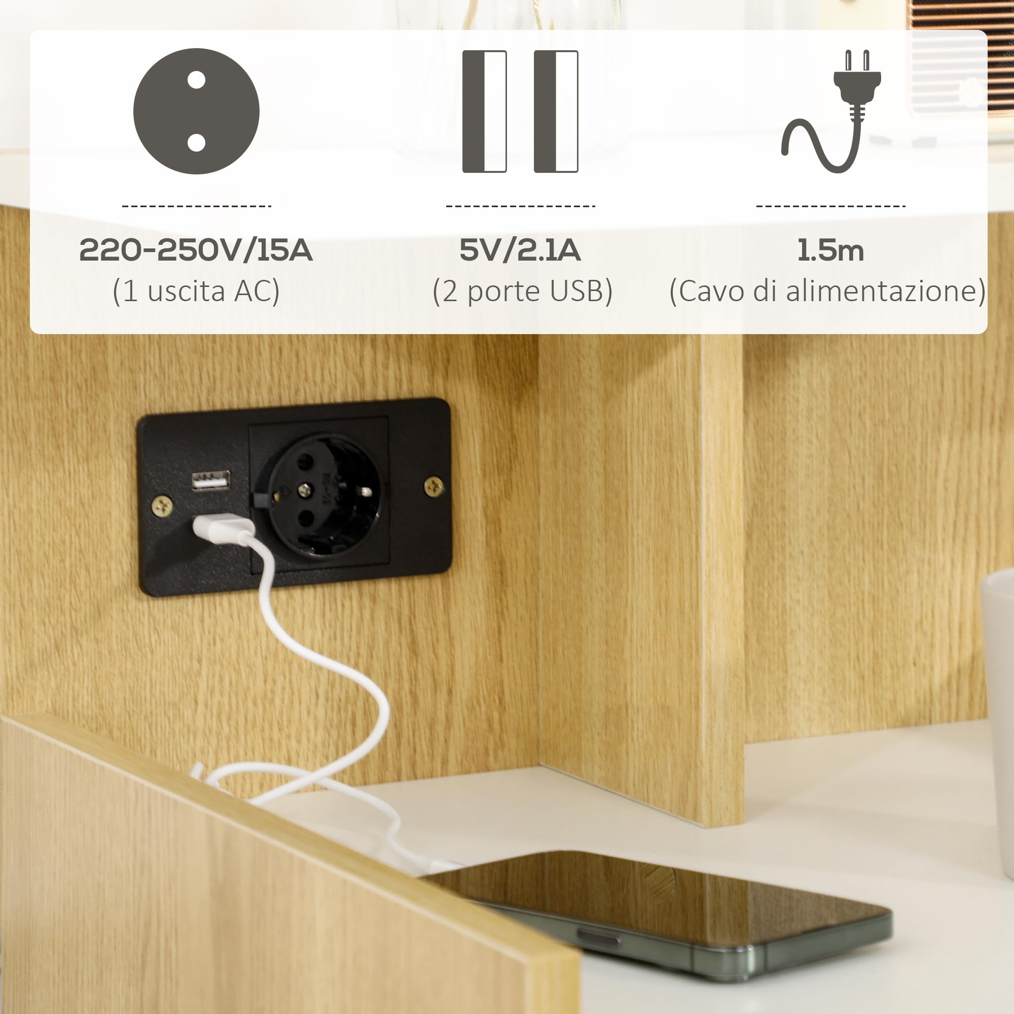 HOMCOM Comodino Moderno in Legno con Porte USB 40x40x60cm Color Legno