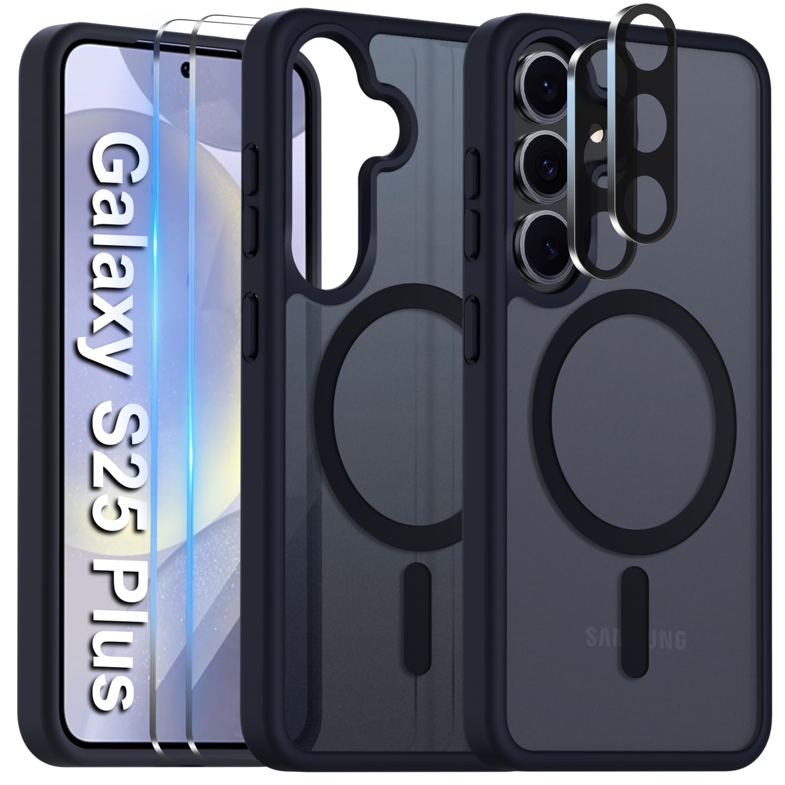 COPIKE Cover Magnetica per Samsung Galaxy S25+ Plus con 2 Pezzi Vetro Temperato e 2 Lente Fotocamera Protezione, Custodia Sottile Antiurto Posteriore Glassata Traslucida Anti-Impronte, Opaca Nero