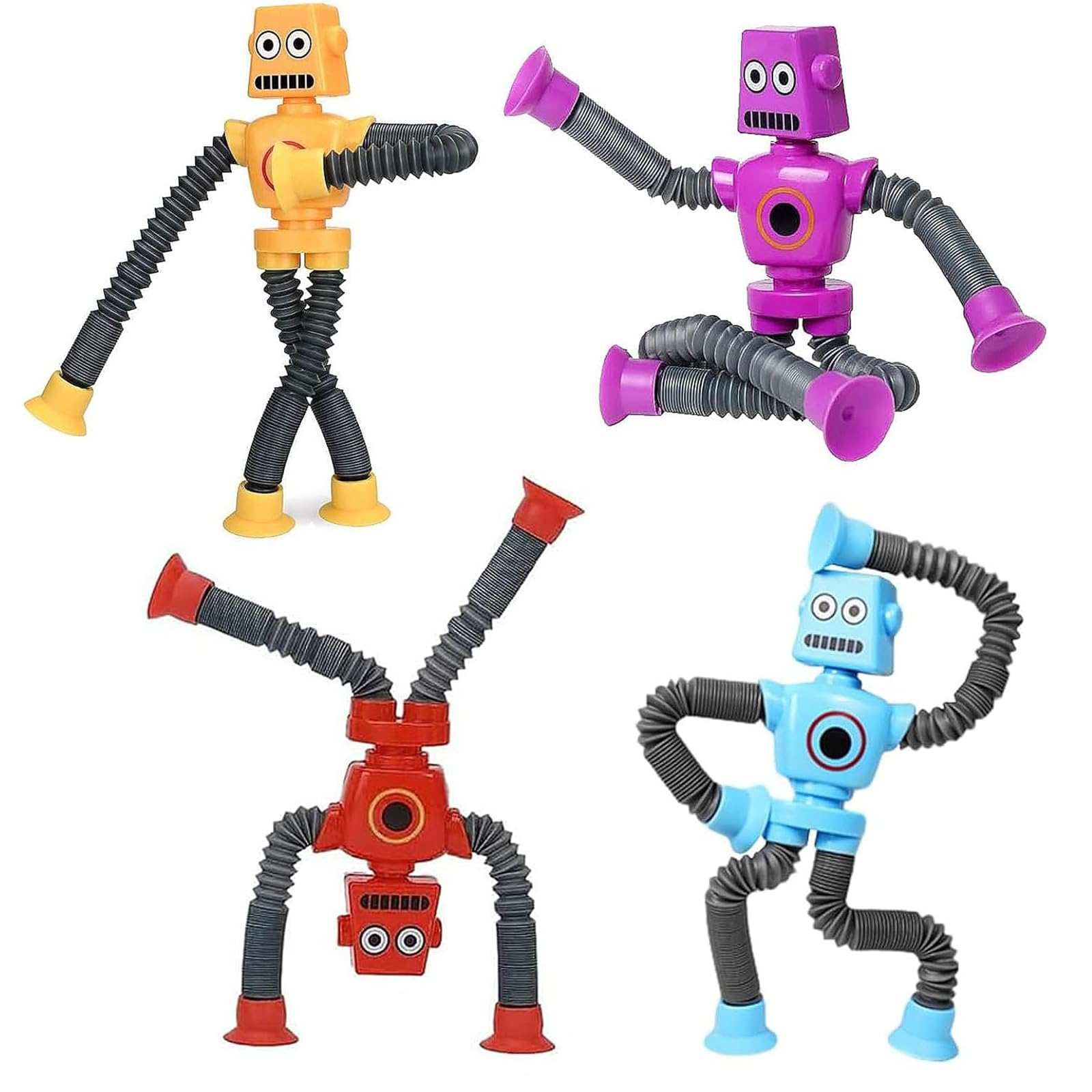 4 Pack –Stretchy Robot Fidget Toys Telescopic Pop Tubes with Suction Cups, Sensory Toys for Adults, Telescopic Fidget Tubes, Sensory Toy Pack for Travel & Classroom Fun