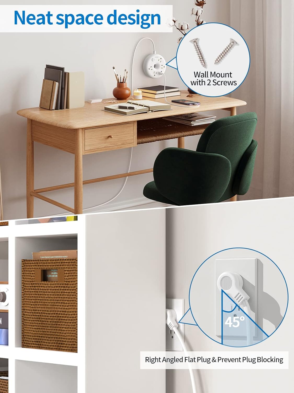Extra Long Extension Cord 25 ft, NTONPOWER Flat Plug Power Strip with USB Ports, 4 Outlet Desktop Charging Station, Compact Wall Mount, Circuit Breaker, Home Office, Dorm, Garage, Ideal for Old House
