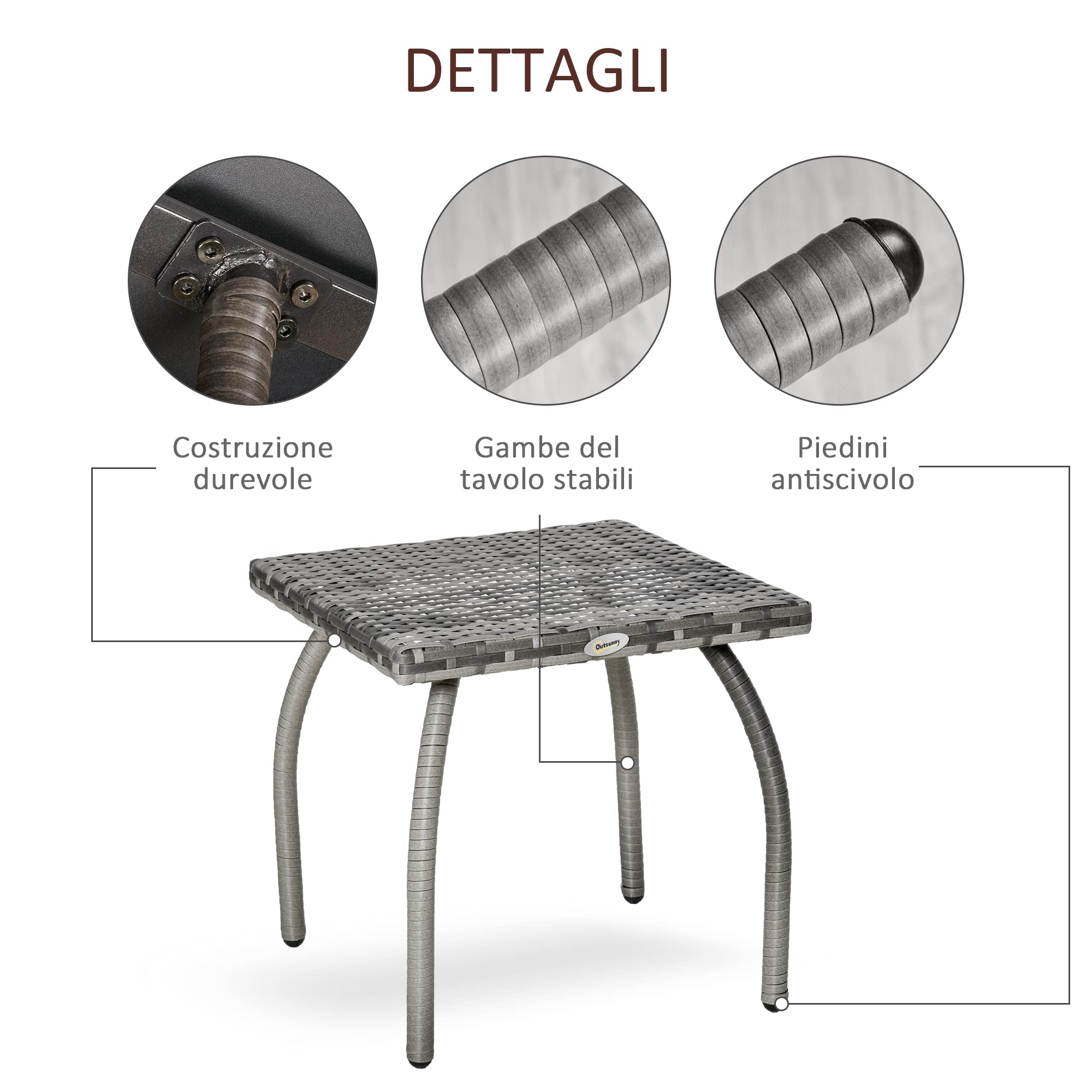 Outsunny Tavolino in Rattan Sintetico da Esterno, Giardino, Terrazzo Impermeabile Grigio 45x45x44cm