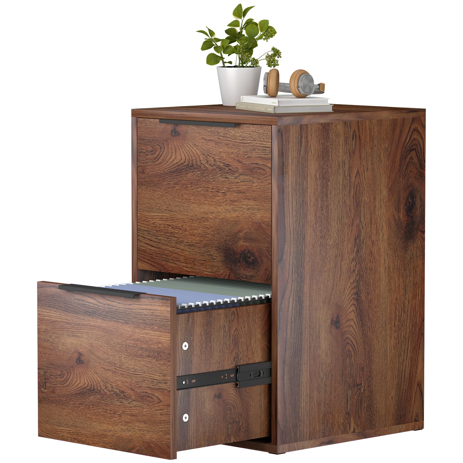 2 Drawer File Cabinets, Wood File Cabinet with Hanging Bar for Letter Size, Modern Farmhouse Under Desk Drawer, Printer Stand Small Filing Cabinets for Home Office, Dark Brown