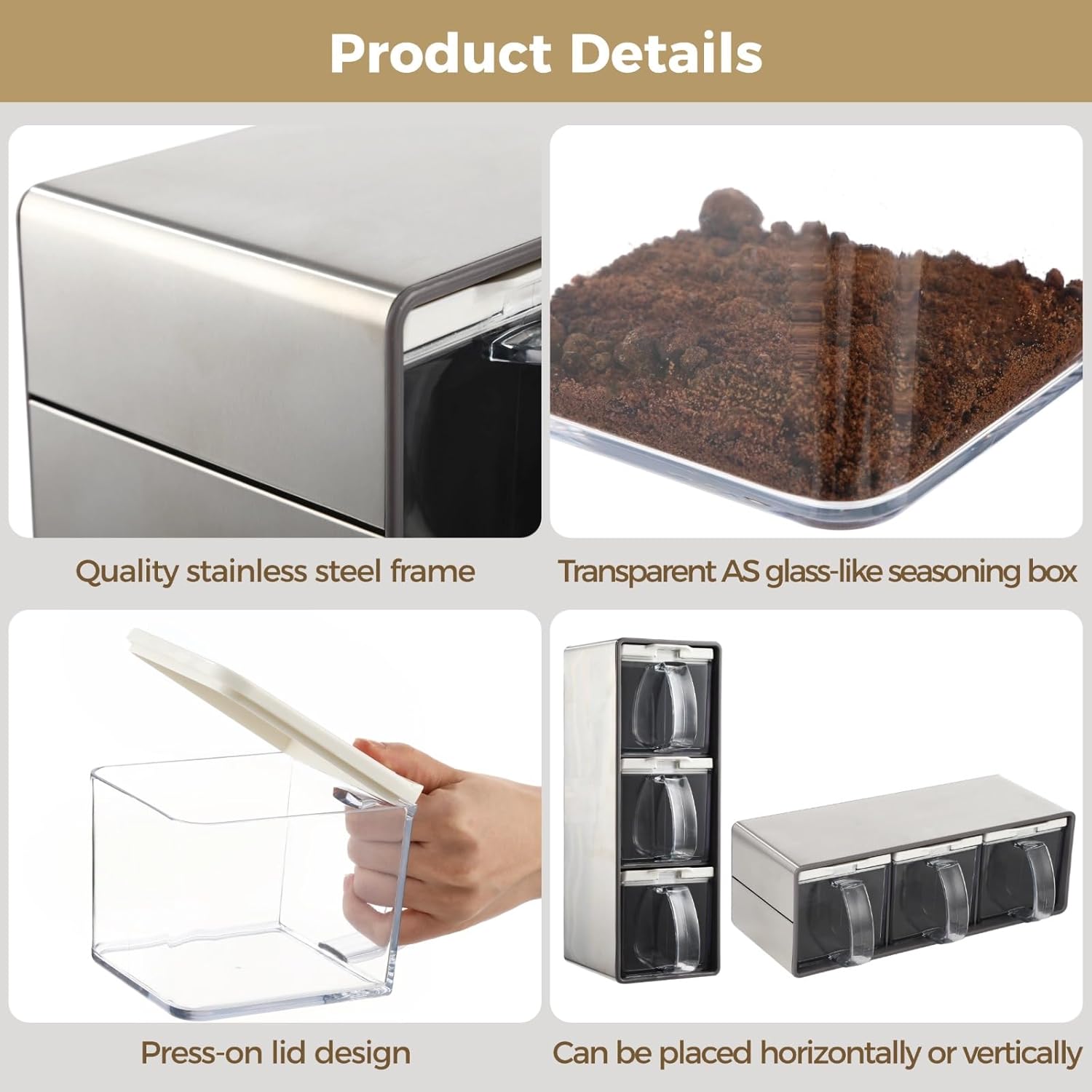 ZALIR 3-Compartment Spice Container, Stainless Steel Frame Seasoning Box Organizer with Lids & Spoons, Space-Saving Salt and Pepper Container for Home Kitchen Countertop, Cafe & Restaurant Use