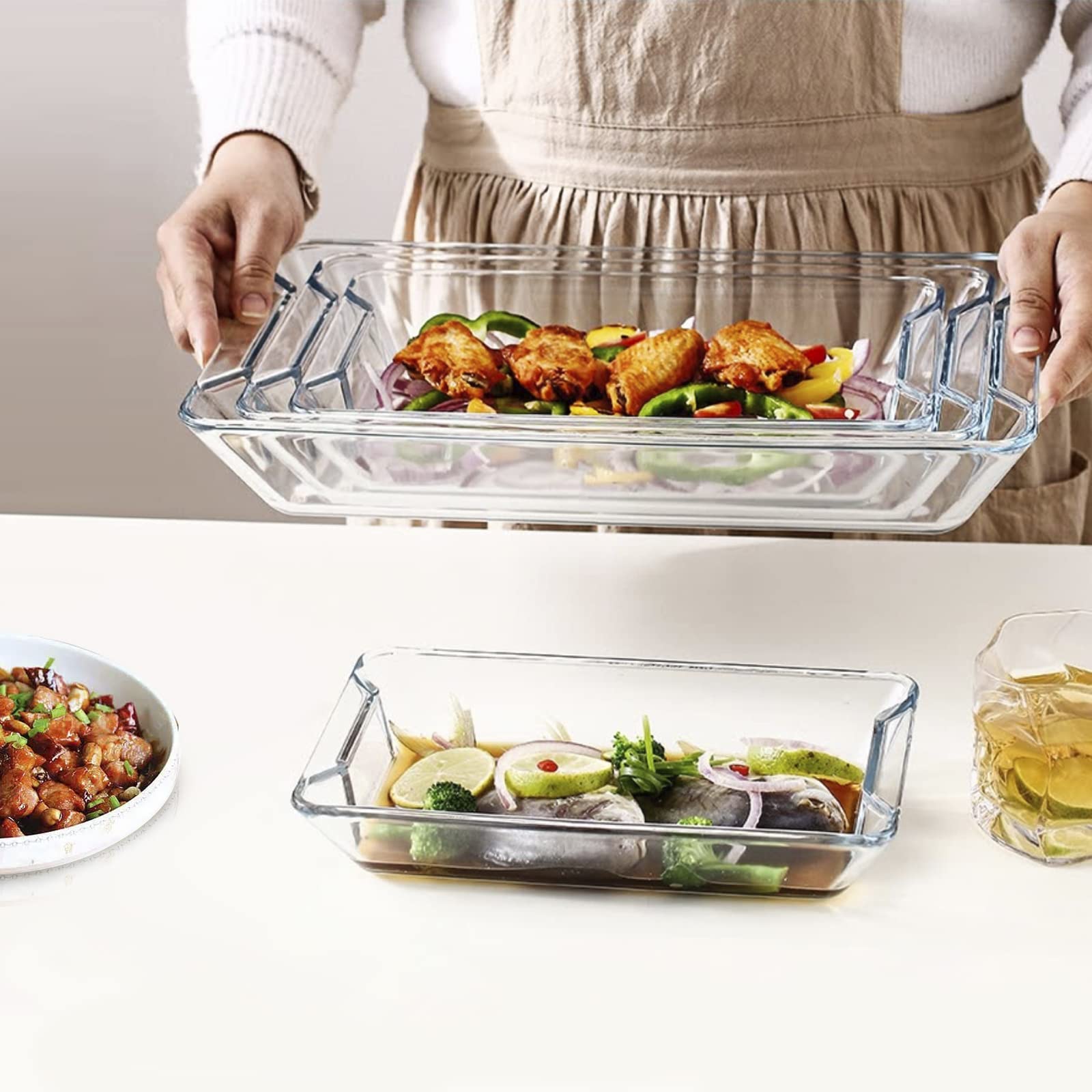 Set de 6 piezas de vidrio templado con tapa, rectangular, juego de moldes para horno, congelador y lavavajillas (1L + 1.5L + 2.5L + 3.8L)