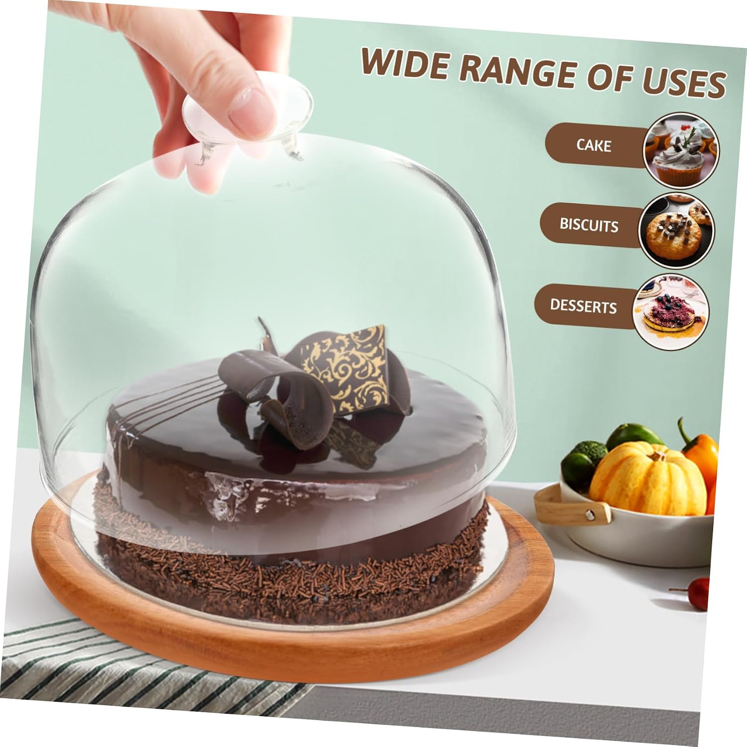 Glass Dome Cake Plate with Acacia Wood Tray Multi Use Covered Dessert Stand for Food Display and Protection Clear Covered Cake Server for Home and Party Use