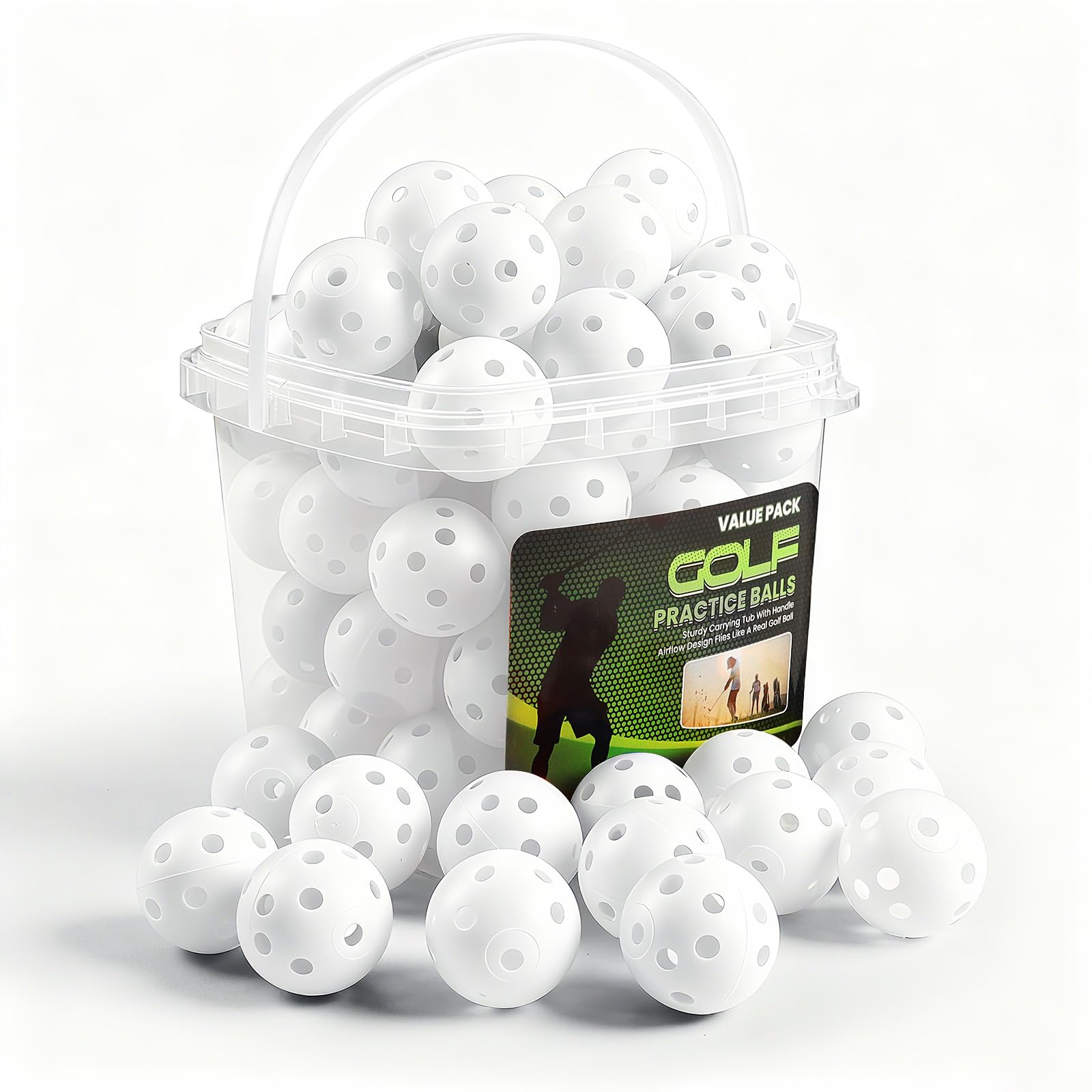 Golf Balls Plastic Practice Soft Training Bright Coloured Value 50 Pack with Bucket,Golf Balls Exercise Durable Lightweight Indoor Outdoor for Men Women Garden Home (White)