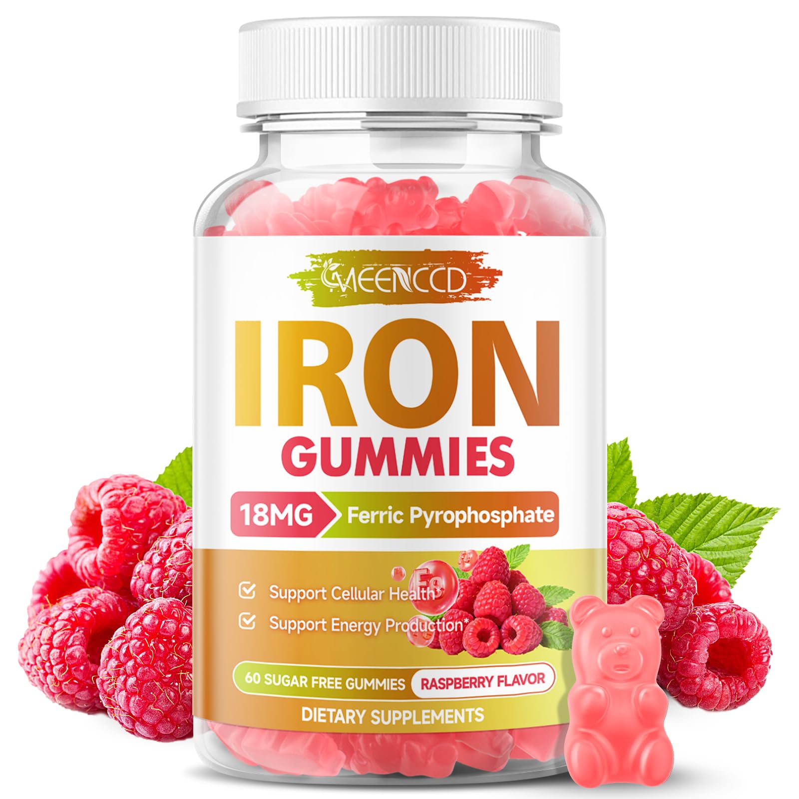 Iron Gummies with Vitamin C for Better Absorption, Iron Supplement for Women & Men, Support Energy Metabolism, Cellular Health & Immune Health, Sugar-Free, Raspberry Flavor, 60 Count 60 Count (Pack of 1)