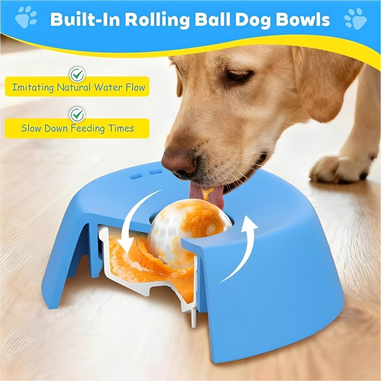 Slow Feeder Dog Bowl with Rolling Ball, Lick Sphere for Dogs, Slow Feed Liquid Treat Dog Bowl Interactive, Bone Broth Dog Lick Bowls for Large Medium Small Dogs