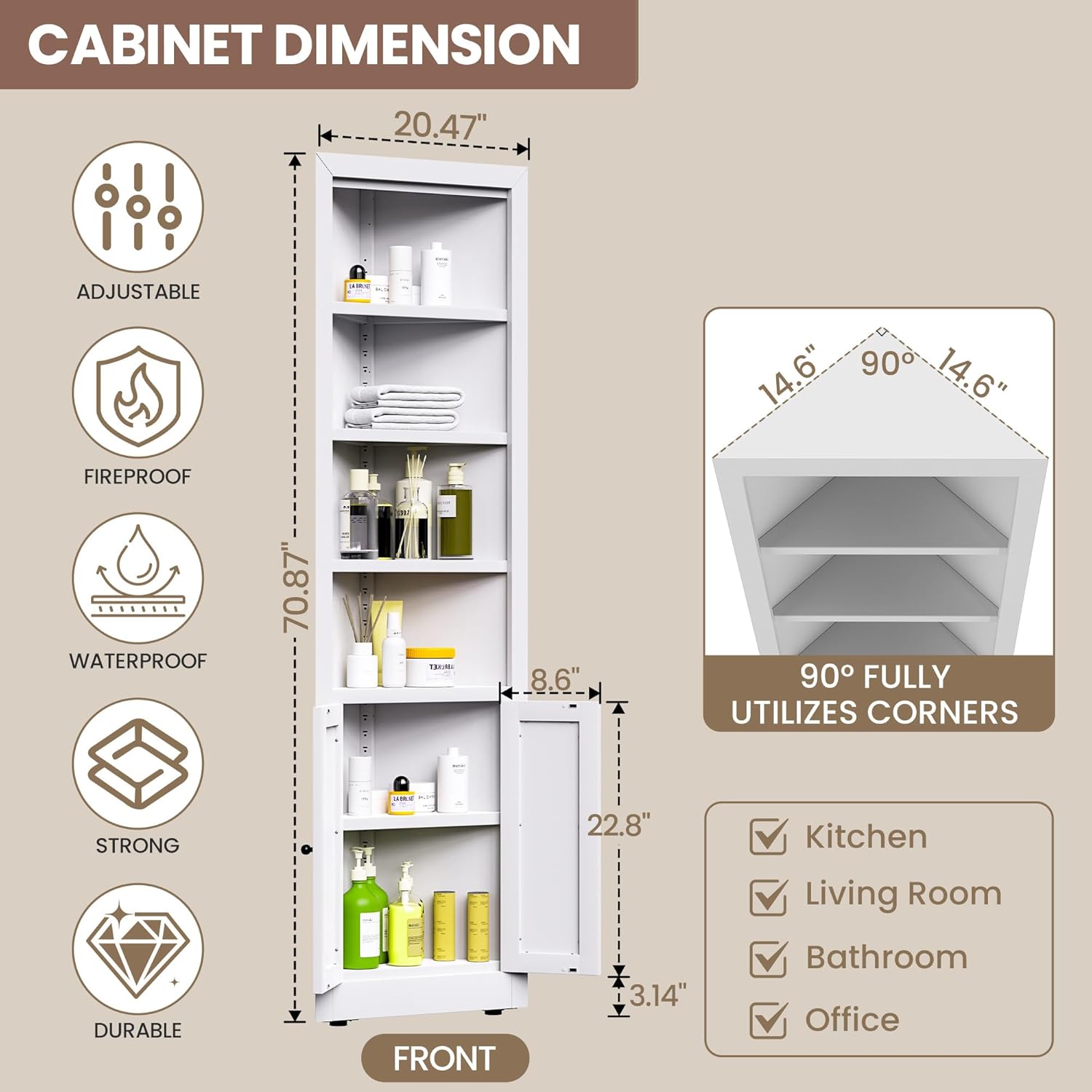 Metal Pantry Storage Cabinet with 4 Adjustable Shelves, 71" Tall Corner Cabinet for Bathroom, Corner Shelf Cabinet for Kitchen, Dining Room, Living Room, Assembly Required(White)