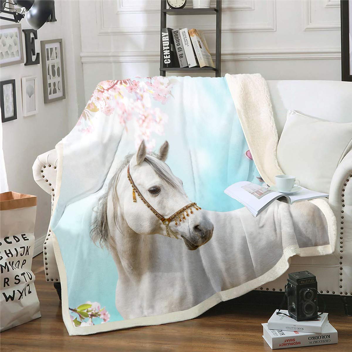 Loussiesd White Horse Print Sherpa Blanket Wild Animal Themed Fleece Throw Blanket Butterfly Floral Print for Couch Bed Sofa Microfiber Nature Themed Room Decor King 87"x94" — image 1