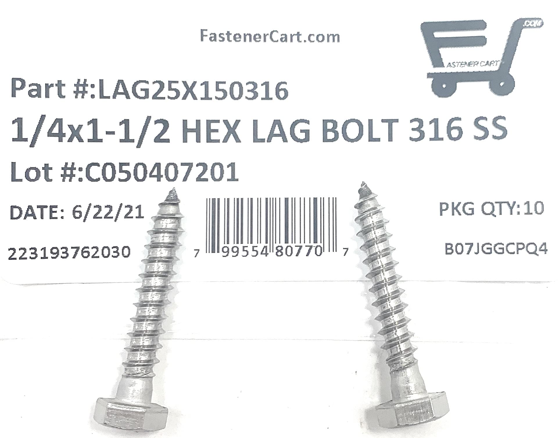 1/4 x 1-1/2 316 Stainless Steel Hex Head Lag Bolts Lag Screws Marine Grade (10 Pieces)