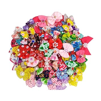 Scicalife 50pcs Dog Bows with Rubber Bands-Pet Cat Dog Hair Bows Multicolor Rhinestone Beads Flowers Topknot Puppy Bows(Mixed Color)