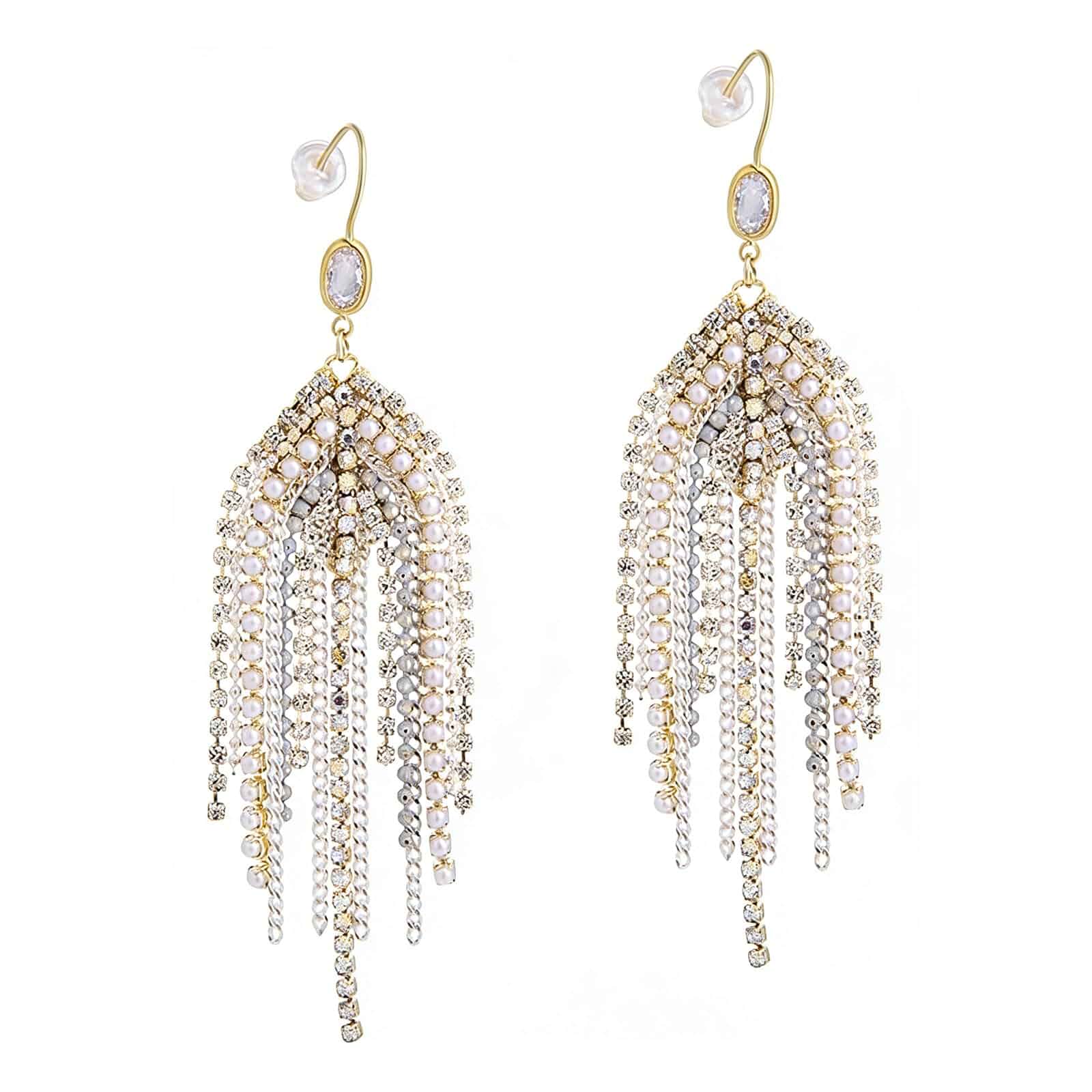 Fringe Dangling Tassel Earrings for Women, Handcrafted Chandelier Long Bohemian Beaded Cubic Zirconia Crystal Imitation Pearls Inlay Statement Boho Chain Hook Earrings for Wedding Party