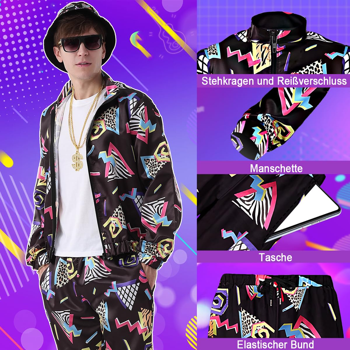 Tuta da uomo anni '80 anni '90, costume da jogging, set di pantaloni gonfiabili, ghettoblast, marsupio da sole, cappello, collana, anello, hip hop, abbigliamento sportivo, carnevale, festa a tema,