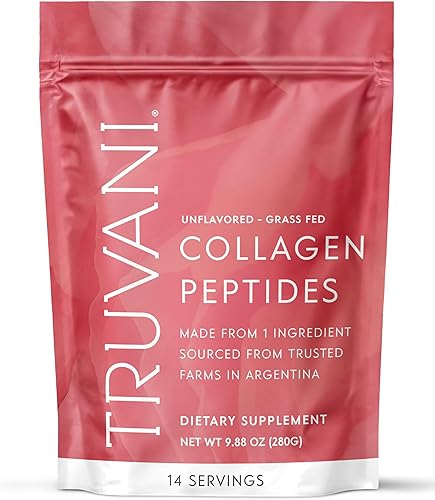 Truvani Péptidos de colágeno hidrolizados Sin sabor 14 porciones 0.71 oz de proteína de colágeno alimentado con pasto en polvo Promueve la salud