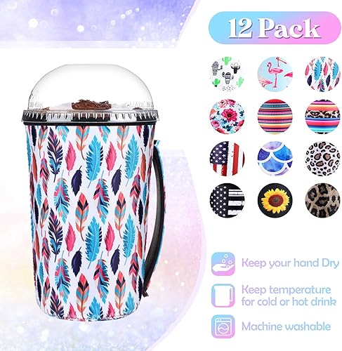 Miniatura 2 de Funda aislante de neopreno para taza de café helado, 12 piezas, con asa (22-24 onzas, estilo elegante)