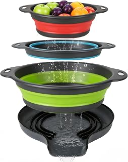 Paquete de 3 coladores plegables para cocina con base autodrenante, juego de coladores plegables, escurridor de alimentos redondo de silicona para pasta, frutas y verduras (3QT, 4QT y 5QT)