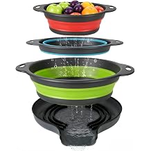 3-Pack Collapsible Colander for Kitchen with Self-Draining Base Foldable Strainers Set Round Silicone Food Drainer for Pasta Fruits and Vegetables 3QT, 4QT and 5QT