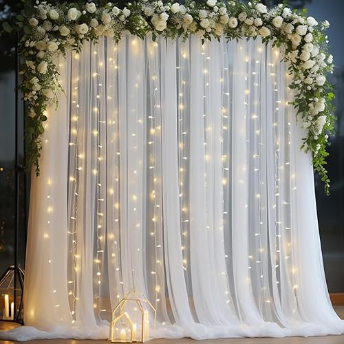 Cortina de telón de fondo de tul blanco de 10 x 10 pies con cadena de luces para fiestas, cortinas de fondo transparentes para bodas, baby shower,