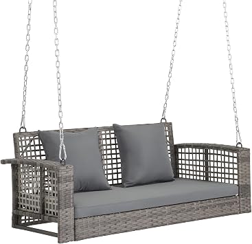 4FT Wicker Porch Swing for 2 Person, 800lb Capacity Outdoor Hanging Bench with Removable Cushions, Handwoven Weather-Resistant PE Rattan for Patio, Garden & Backyard