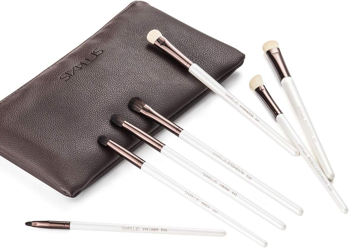 SIXPLUS7Pcs Pearly White Eyeshadow Brush Set Premium Synthetic Hair Professional Eye Brushes with Portable Bag