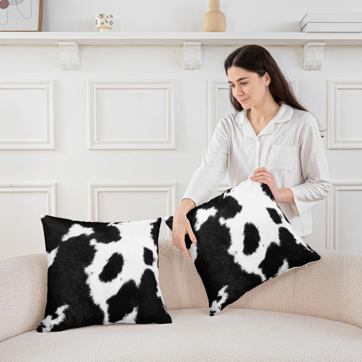 Erosebridal Black White (Not Real) Cow Fur Pillow Cover 24x24,Cowhide Print Cushion Cover for Bedroom,Western Farm Animal Throw Pillow Cover,Rustic Cowboy Milk Cow Decorative Accent Pillow Case