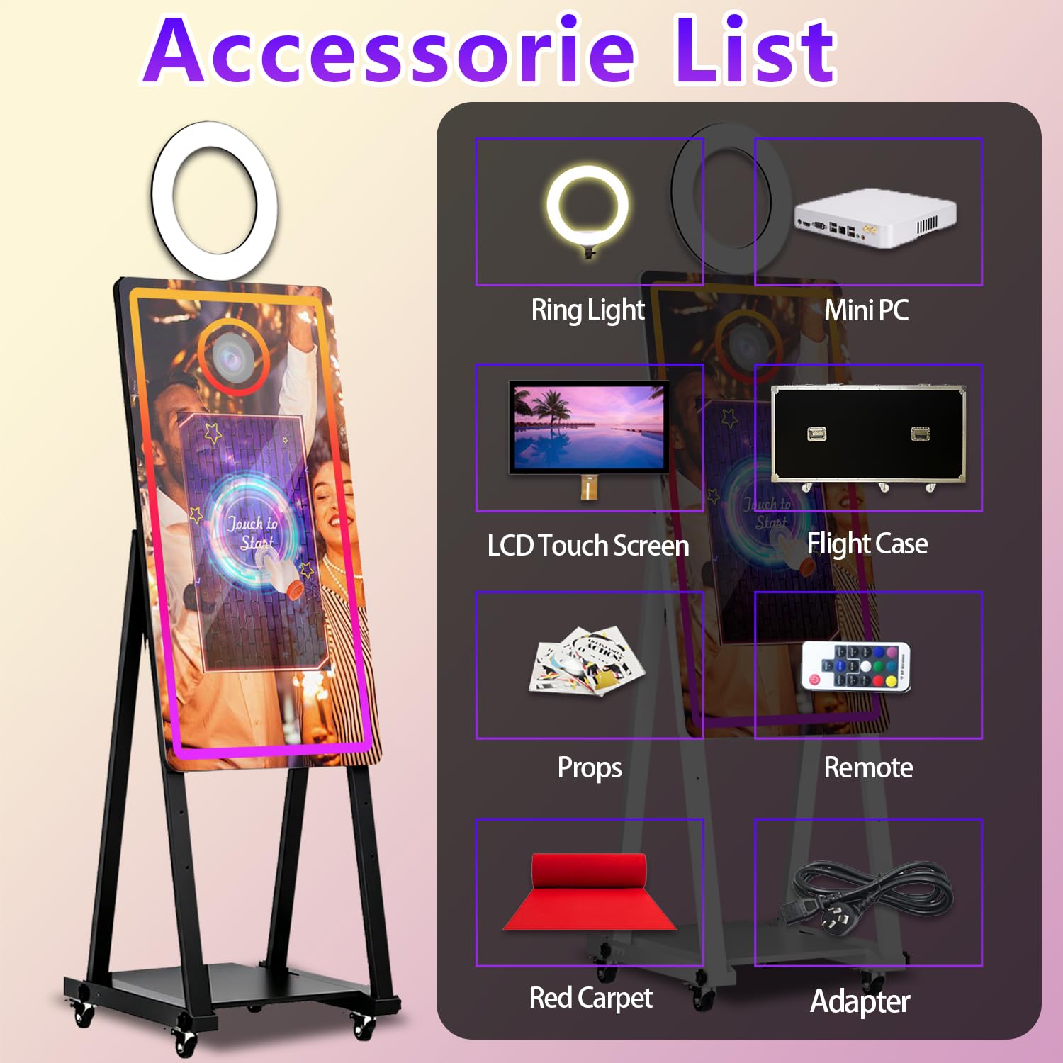 Maszyna do fotobudki fotograficznej z magicznym lustrem 101.6 cm z ekranem dotykowym 55.9 cm i lampą wypełniającą, z futerałem lotniczym, wbudowanym mini PC, sterowanie aplikacją, światło RGB na