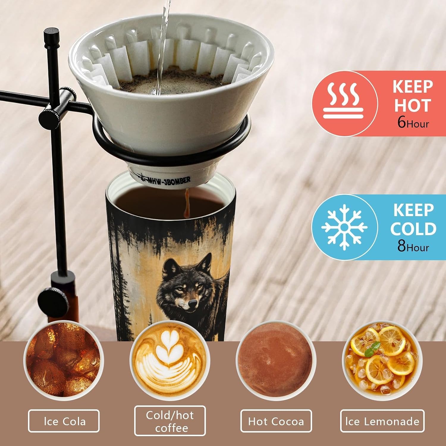 Wolf Black Gothic Insulated Coffee Mug with Straw & Flip Lid, 16.9oz Iced Tumbler Cup, Double Wall Vacuum Leak-Proof Mug for Travel Office