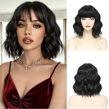 Short Black Wavy Wigs with Bangs Black Bob Wig for Women 12 Inch Wig Synthetic Fiber Hair Wigs Natural Looking for Daily Use