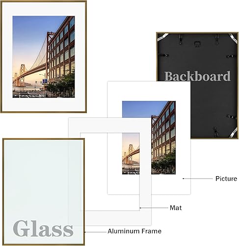 Vista 218 de Frametory - Marco de aluminio de 11 x 14 para fotos de 8 x 10 (en pulgadas), con paspartú marfil, de pared, con gancho de sierra, pestañas Bronce