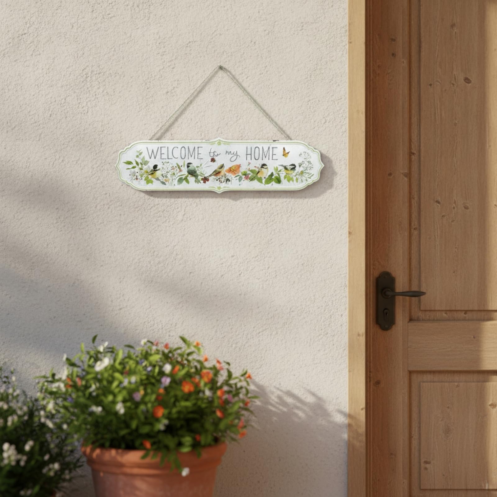 Placa de Bienvenida Exterior Placa Colgante Letrero Cartel Metal con Estilo Vintage y Plantas Adecuada para Puerta Pared, 80 21cm, Pájaros, Grande, "WELCOME To My HOME"