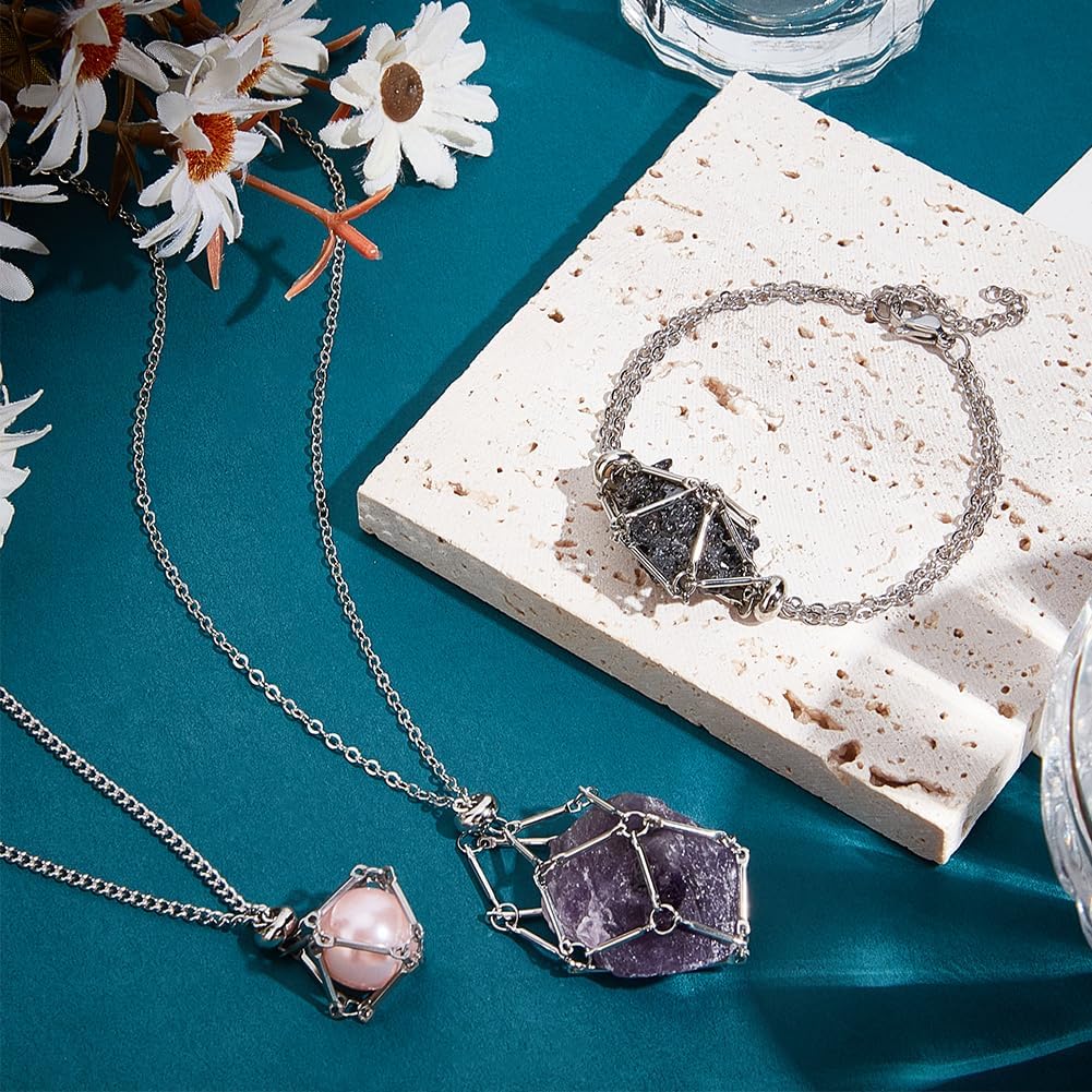 UNICRAFTALE 2Pcs Adjustable Crystal Holder Bracelet 2Pcs 2 Sizes Empty Stone Holder Nets Necklace Pendant with Empty Crystal Cage Brass Macrame Pouch for DIY Pendant Bracelet Necklaces Making - Image 2