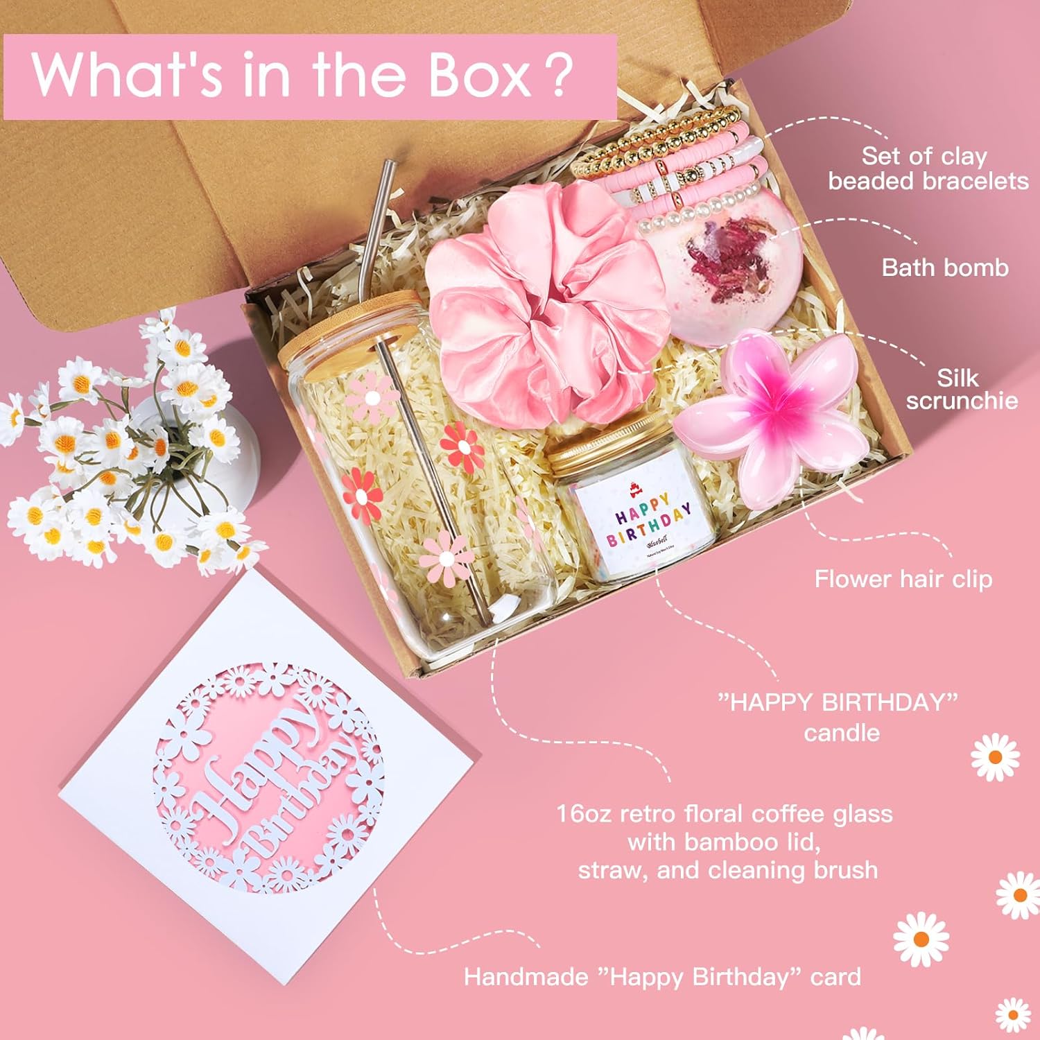 Birthday Gifts for Women, Teen Girl Gifts, Birthday Gift for Her, Happy Bday Gift Box for Girl, Women, Sister, Daughter, Best Friend, Friendship, Cute Daisy Glass Cup Set 7PCS, 16oz, Pink - Image 2