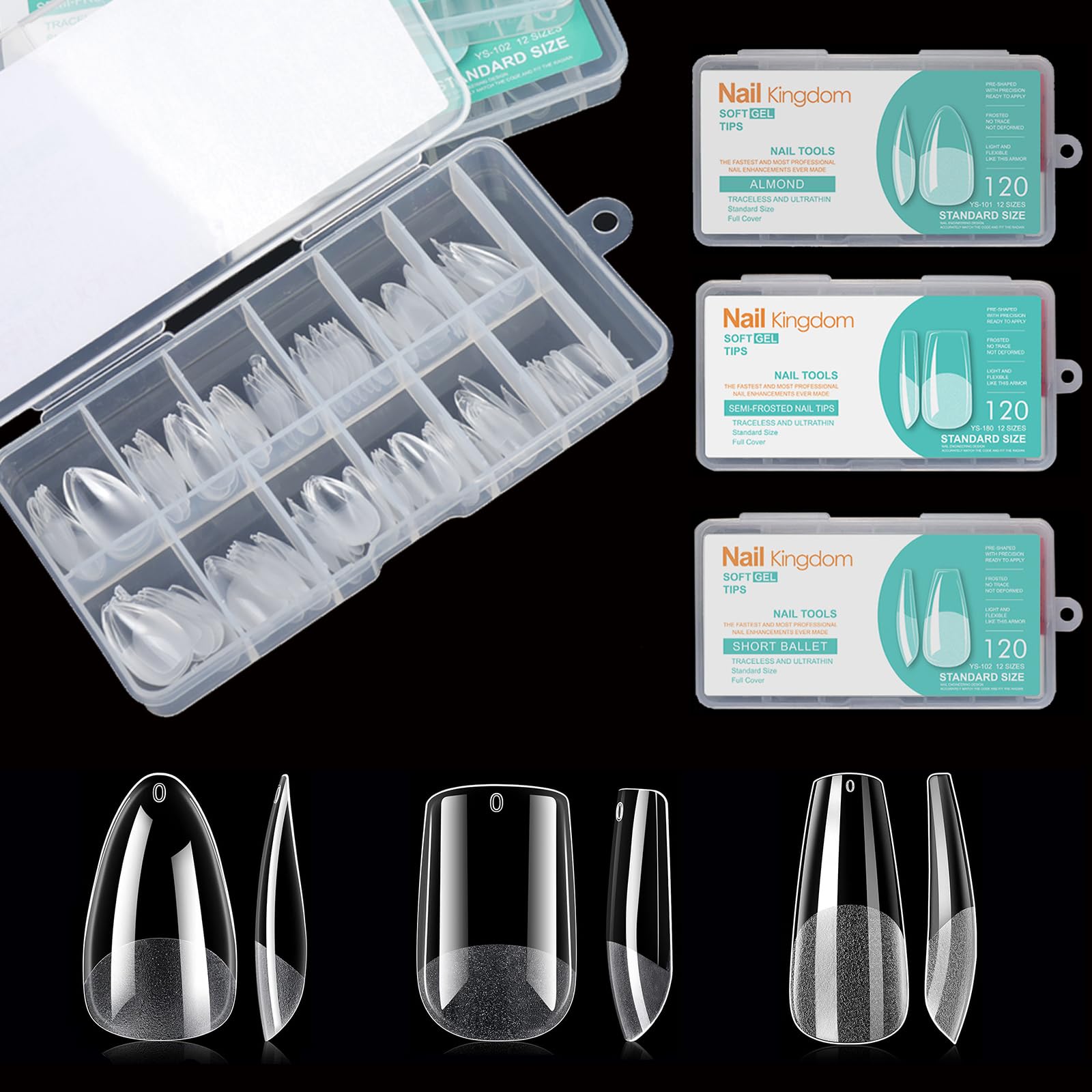 Kit de 3 estilos de puntas de uñas postizas de gel suave, almendra mediana, cuadrada y bailarina, 360 puntas de uñas acrílicas de cobertura completa media mate preformadas, extensión de uñas, salón de