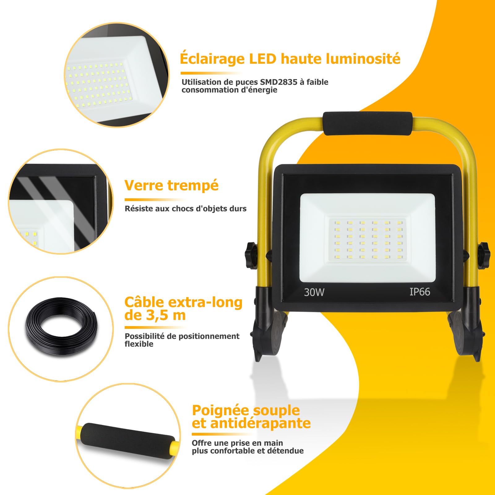 Projecteur de Chantier Led 30w, Lampe de Chantier 3240 Lm, Lampe Chantier Portable 6000k Lumière du jour Blanche, Ip66 Étanche, Prise Ue Lampes de Chantier Avec Fil de3,5m pour Atelier, Garage, Jardin