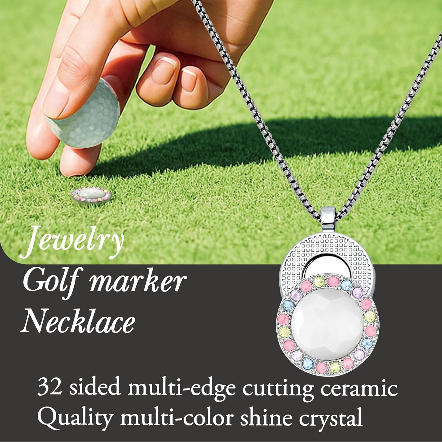 Golf Ball Marker with Ceramic Crystal Ball Marker Necklace (20mm Small Size) Gifts Accessories Women Golfers